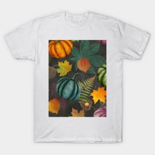 Colorful autumn watercolor seamless botanical pattern, Pumpkins, maple leaves, Physalis composition. Thanksgiving vibrant textural background T-Shirt